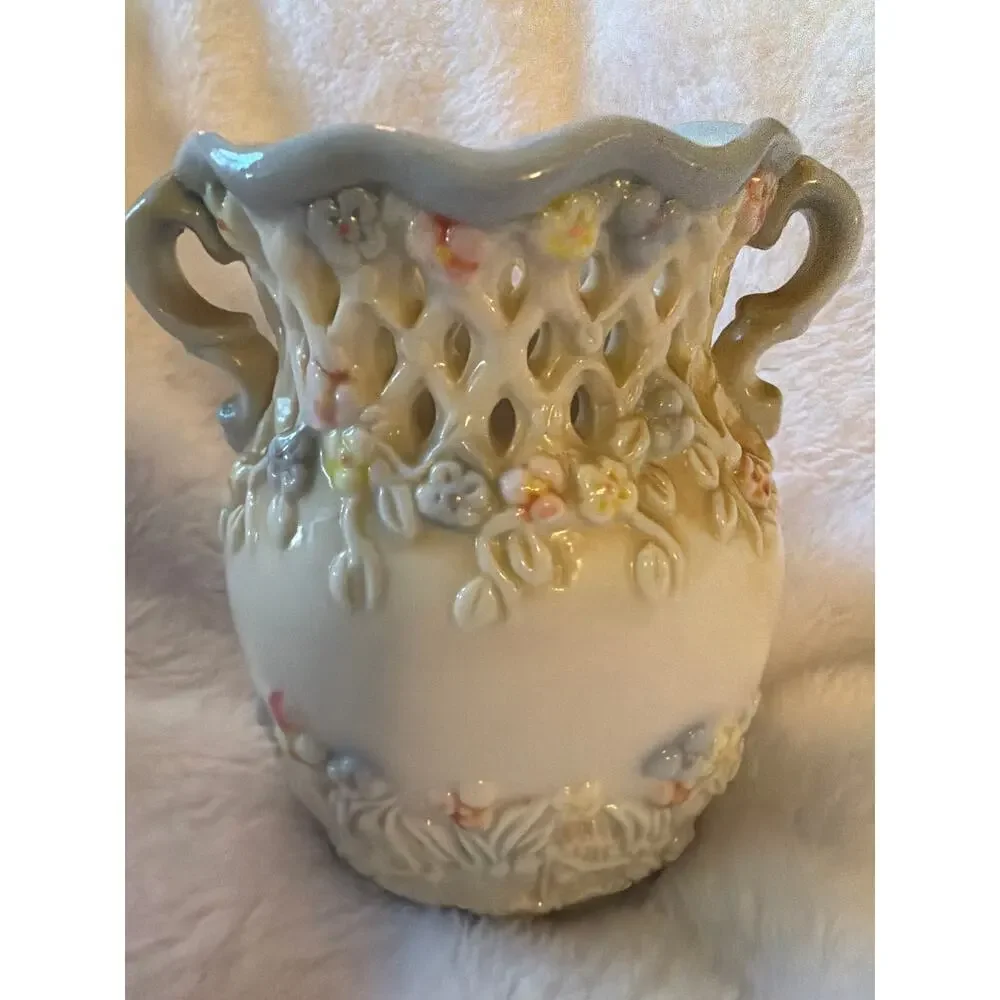 Vintage Porcelain Floral Vase Openwork Lattice Double Handle Pastel Flowers